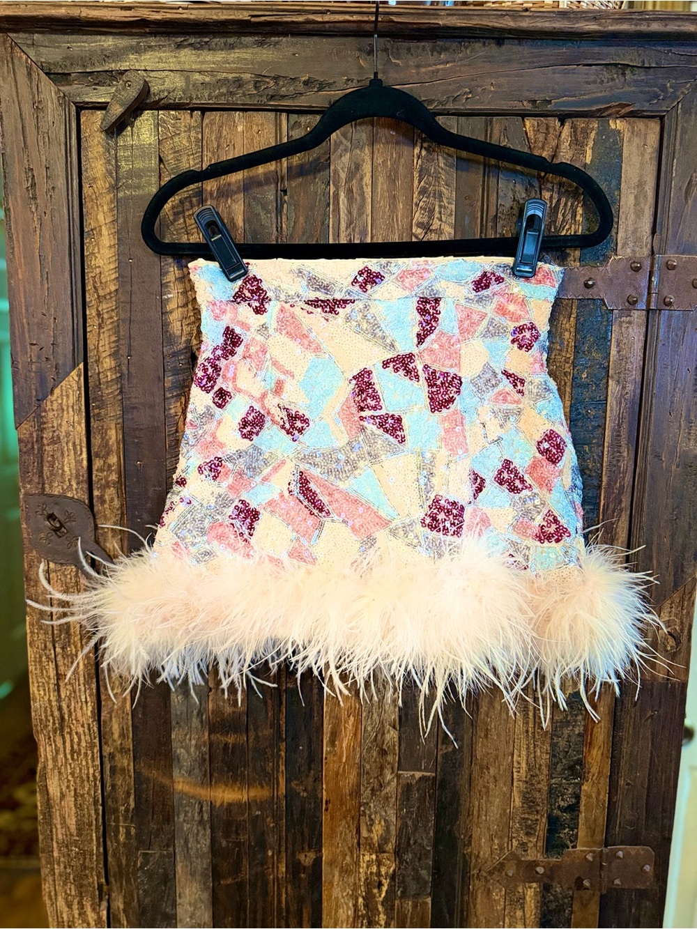 Judith March Sequin Feather Trim Mini Skirt Small Pastel Party Statement glam